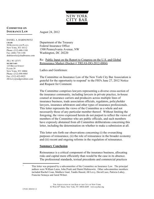 Letter to the Federal Insurance Office (FIO) - New York City Bar ...