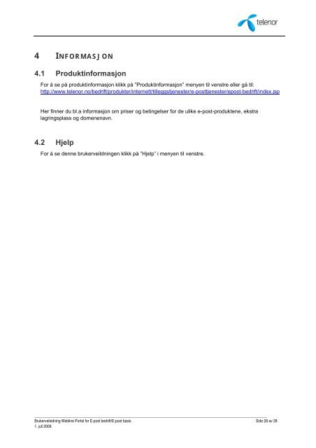 Brukerveiledning Webline Portal for E-post Bedrift/E-post ... - Telenor