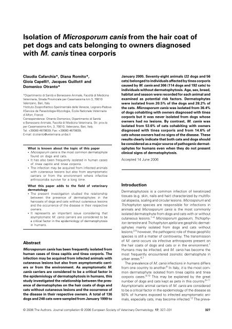 Isolation of Microsporum canis from the hair coat of pet dogs and ...