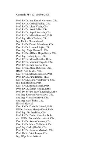 Ocenenia FPV 13 - Fakulta prÃ­rodnÃ½ch vied