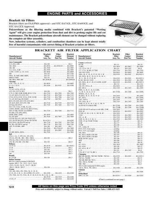 Brackett Air Filter Chart