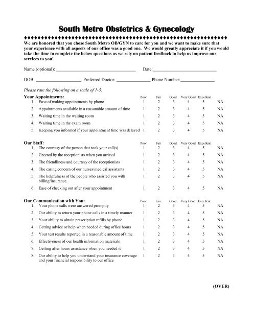 Patient Satisfaction Survey - South Metro OB/GYN Patient Satisfaction Survey - South Metro OB/GYN