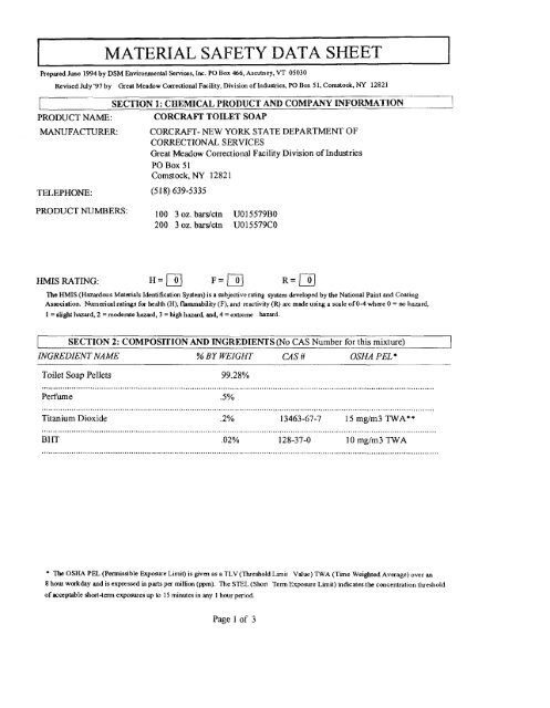 Toilet Soap MSDS Sheet - Corcraft