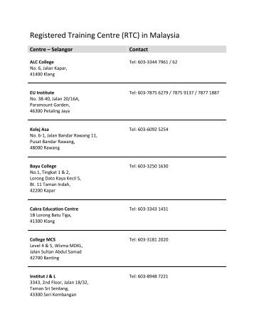 Registered Training Centre (RTC) in Malaysia