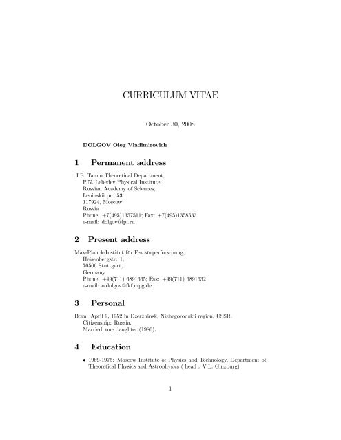 CURRICULUM VITAE - Max Planck Institute for Solid State Research