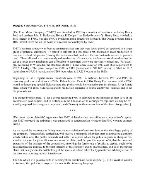 Dodge V Ford Motor Co 170 N W 668 Mich 1919 The Ford