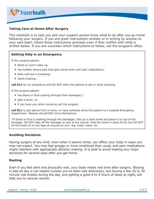 Taking Care at Home After Surgery This checklist is ... - Fraser Health