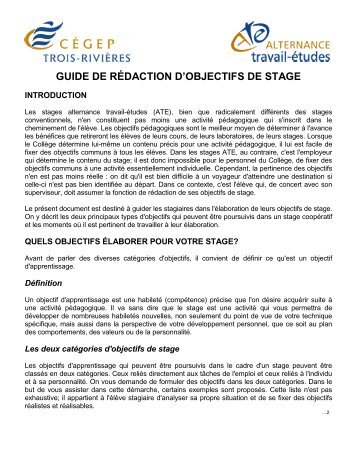 GUIDE DE RÉDACTION D'OBJECTIFS DE STAGE