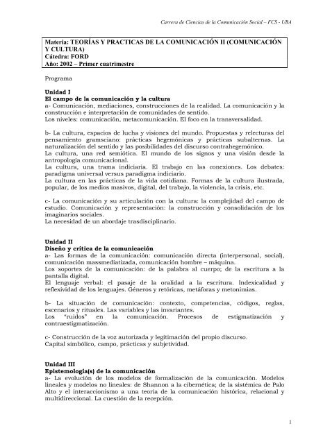 Teorías y prácticas de la comunicación II - Ford - 2002 1º