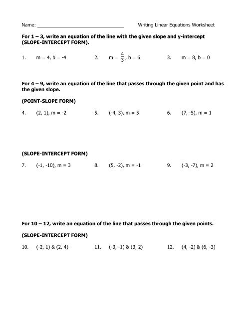 Name: Writing Linear Equations Worksheet For 1 â€“ 3, write an 