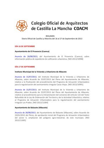 Resumen del DOCM del 16 al 27 de septiembre - Colegio Oficial de ...