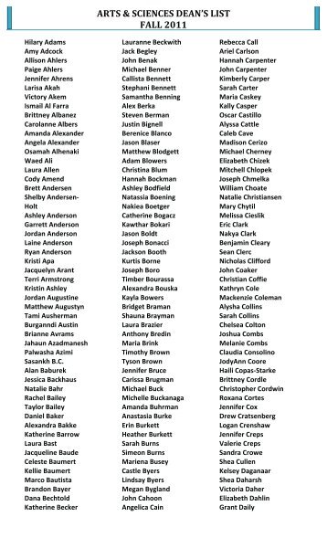 ARTS & SCIENCES DEAN'S LIST FALL 2011