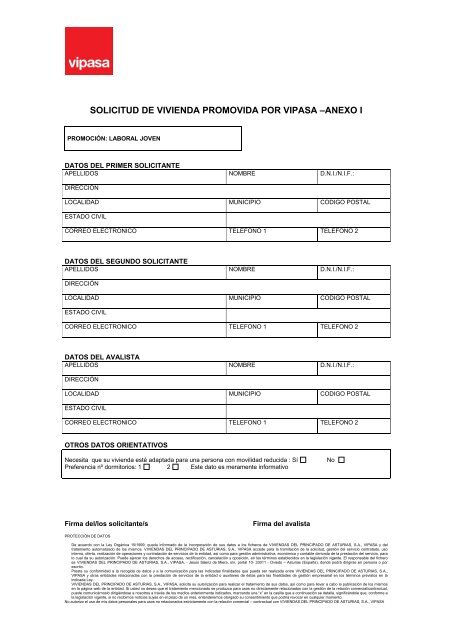 ANEXO I: SOLICITUD DE VIVIENDA PROMOVIDA POR VIPASA