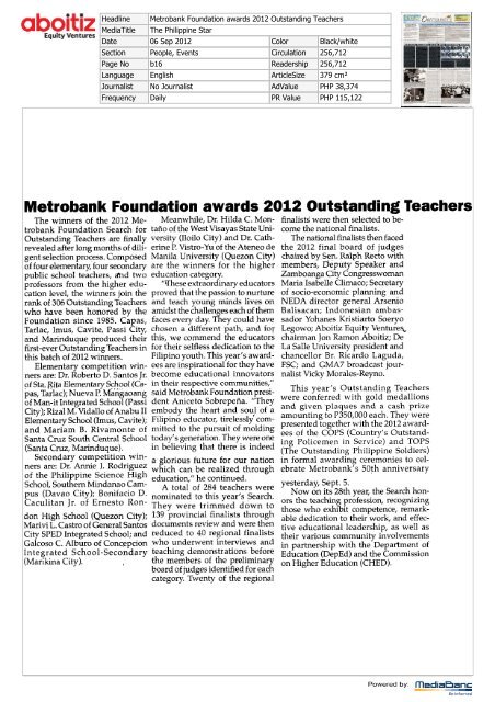 Metrobank Foundation awards 2012 Outstanding Teachers