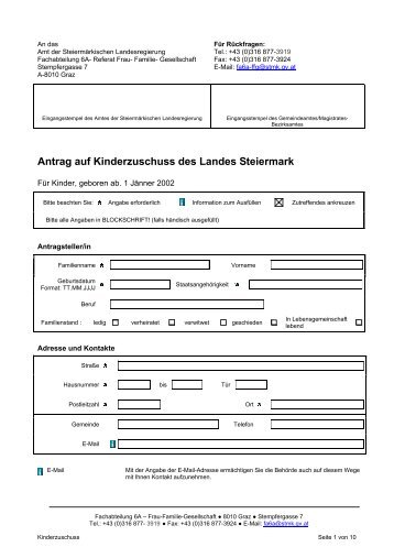 Antrag auf Kinderzuschuss des Landes Steiermark - HTU Graz