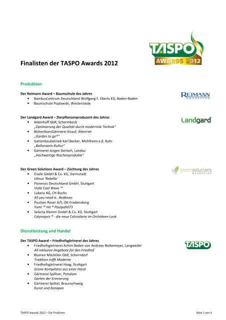 Finalisten TASPO Awards 2012