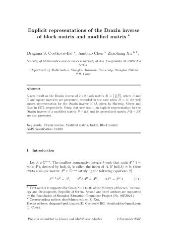 Explicit representations of the Drazin inverse of ... - University of Nis