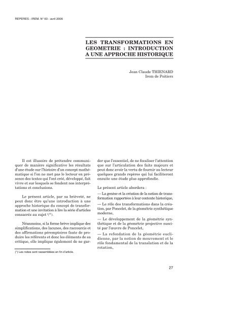 Les transformations en gÃ©omÃ©trie, introduction Ã  une approche ...