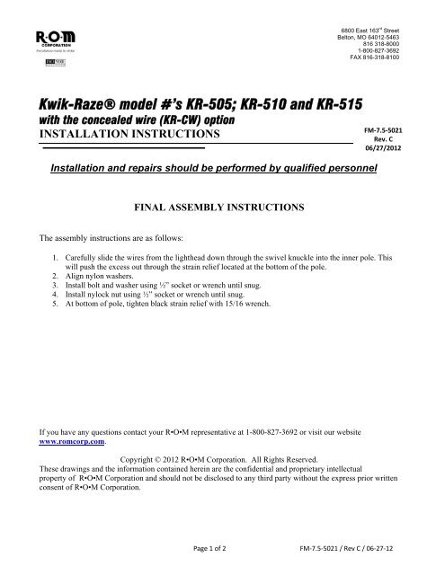 Installation Instructions Kwik Raze KR-505,510 ... - Lighting Solutions