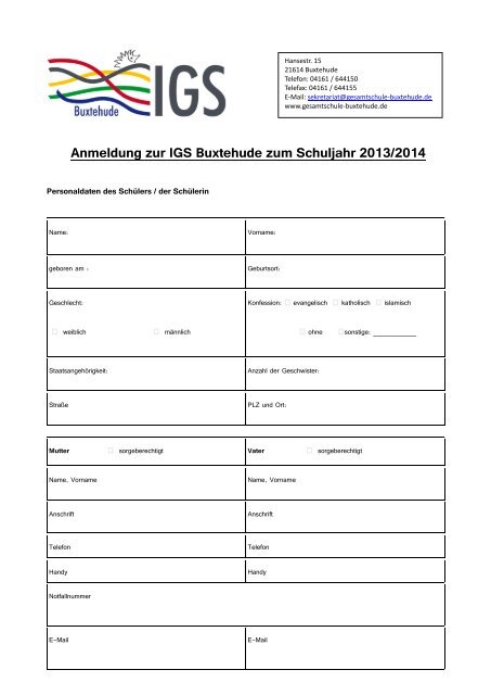 Anmeldung zur IGS Buxtehude zum Schuljahr 2013/2014