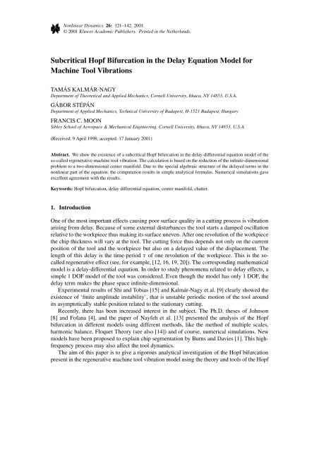 Subcritical Hopf Bifurcation in the Delay Equation Model for Machine ...