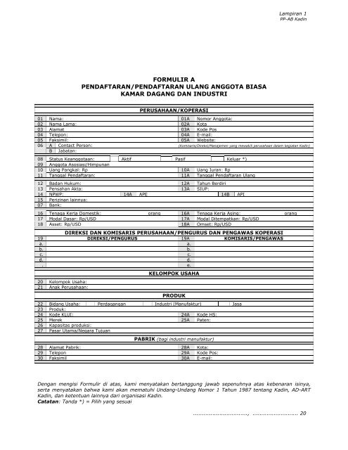 formulir a pendaftaran/pendaftaran ulang anggota ... - Kadin Indonesia