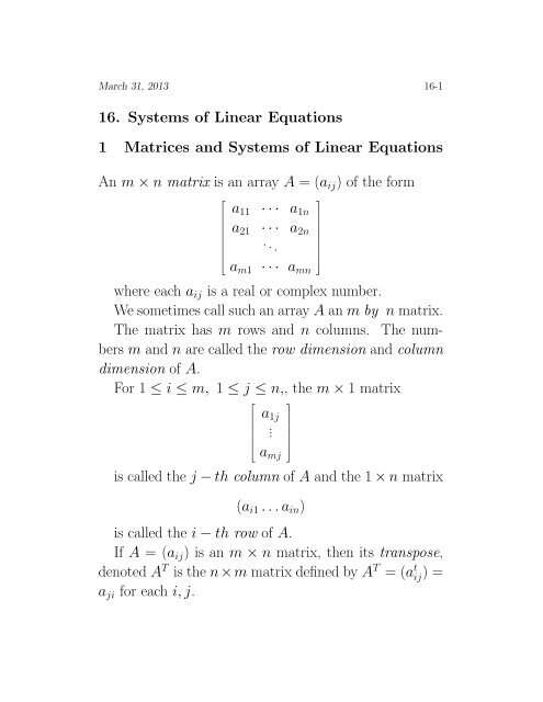 16 Systems Of Linear Equations 1 Matrices And Systems Of Linear