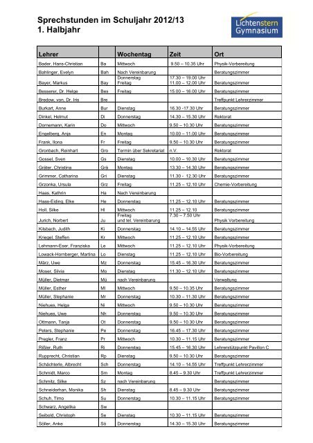 Sprechstunden im Schuljahr 2012/13 1. Halbjahr