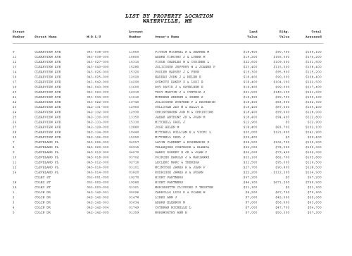 LIST BY PROPERTY LOCATION - City of Waterville