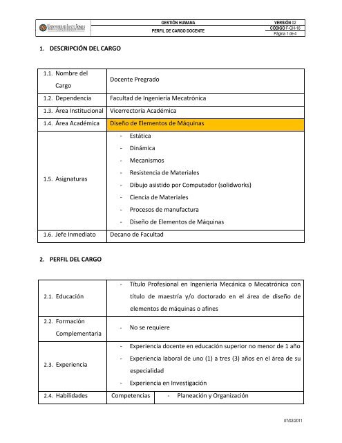 1. DESCRIPCIÃN DEL CARGO 1.1. Nombre del Cargo Docente ...