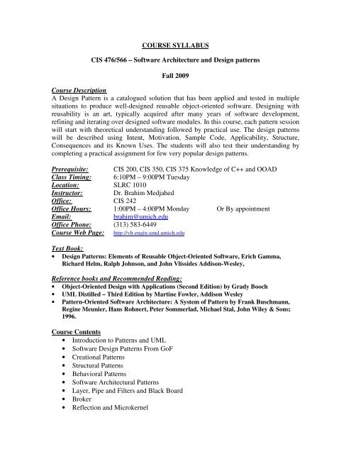 Syllabus Software COURSE SYLLABUS CIS 476/566 – Software Architecture and ...