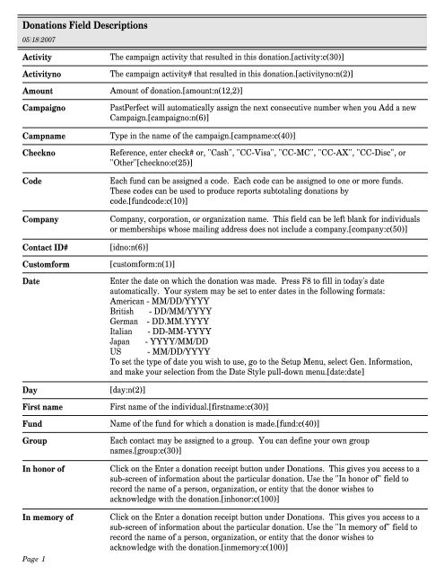Donations Field Descriptions - PastPerfect Museum Software