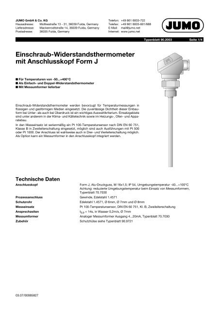 Einschraub-Widerstandsthermometer mit Anschlusskopf ... - Jumo