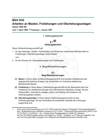 BGV D32 Arbeiten an Masten, Freileitungen und Oberleitungsanlagen