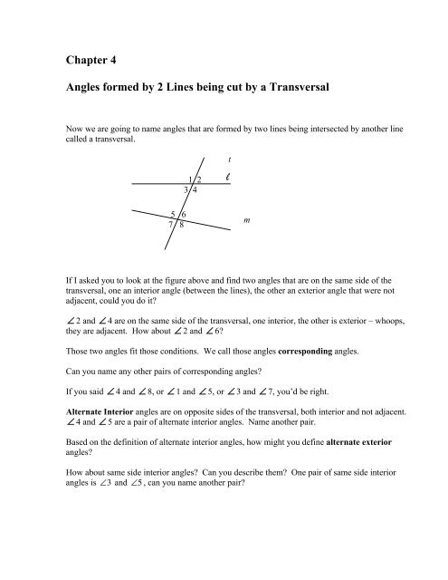 Ch 4 Angles Parallel Lines Hanlon Math