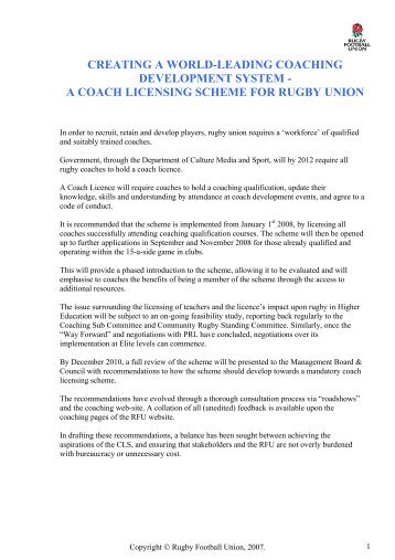 a coach licensing scheme for rugby union - RFU.com