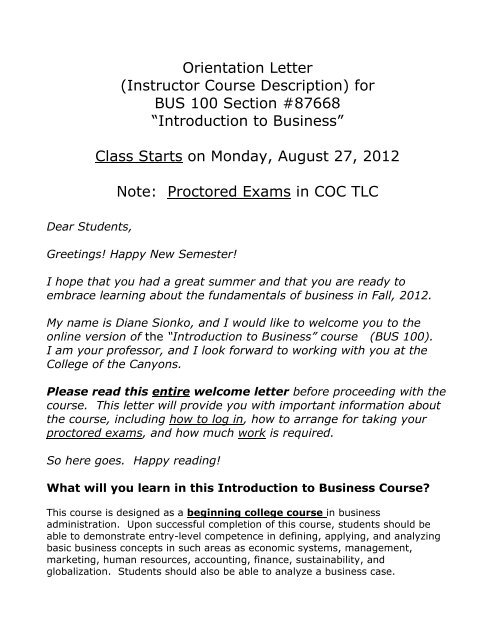 Orientation Letter (Instructor Course Description) for BUS 100 ...