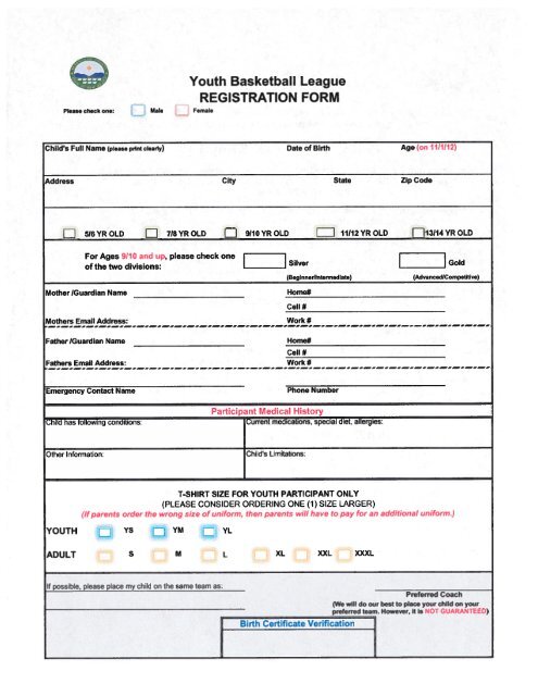 Youth Basketball League REGISTRATION FORM - Bernalillo County