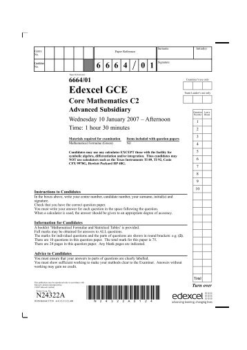 6664/01 Edexcel GCE Core Mathematics C2 Advanced Subsidiary