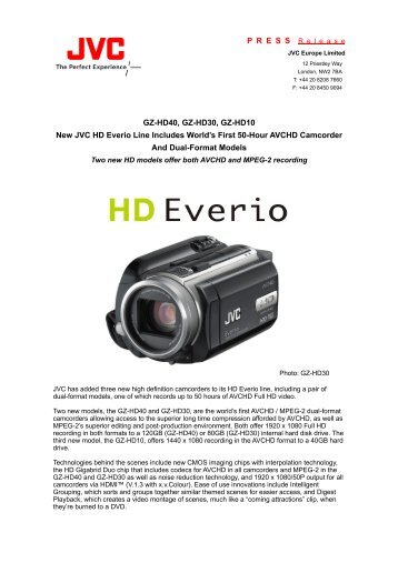 GZ-HD40, GZ-HD30, GZ-HD10 New JVC HD Everio Line Includes ...