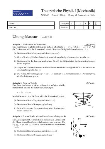 Theoretische Physik I (Mechanik) Â¨Ubungsklausur am 19.12.08