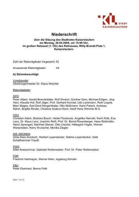 Niederschrift - Stadt Kaiserslautern