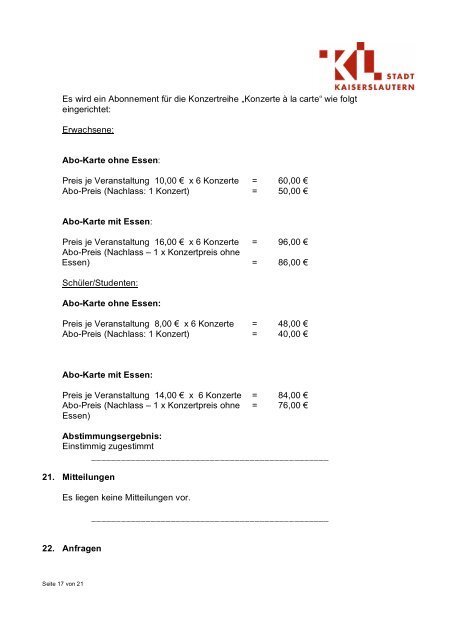 Niederschrift - Stadt Kaiserslautern