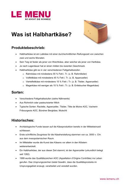 Facts rund um Halbhartkäse zum Ausdrucken (PDF - Le Menu