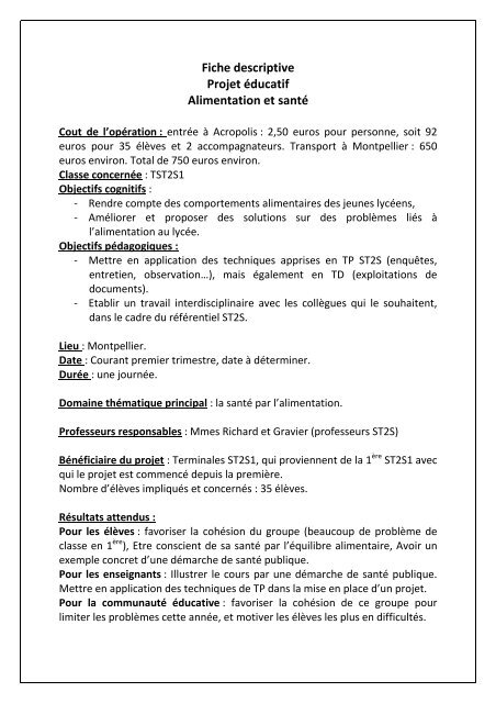 Fiche descriptive Projet éducatif Alimentation et santé - Lycée Jules Fil