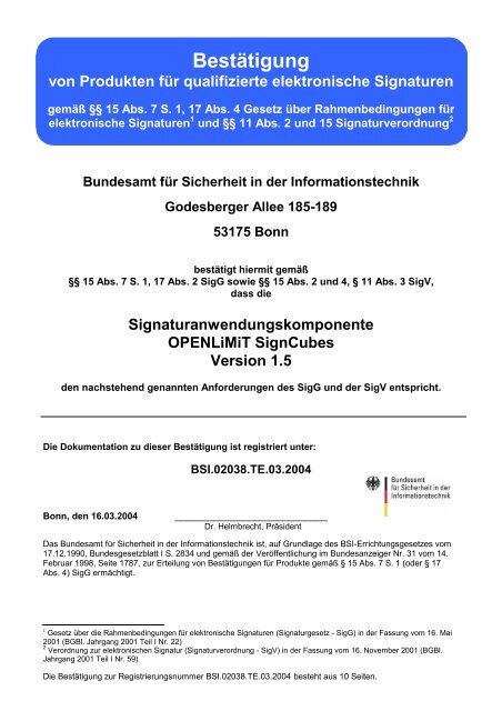 Bestätigung von Produkten für qualifizierte elektronische Signaturen