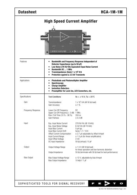 Datasheet HCA-1M-1M High Speed Current Amplifier