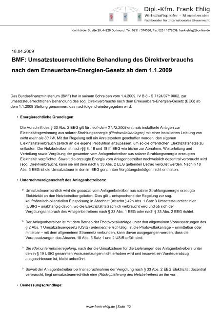 BMF: Umsatzsteuerrechtliche Behandlung des ... - Frank-ehlig.de