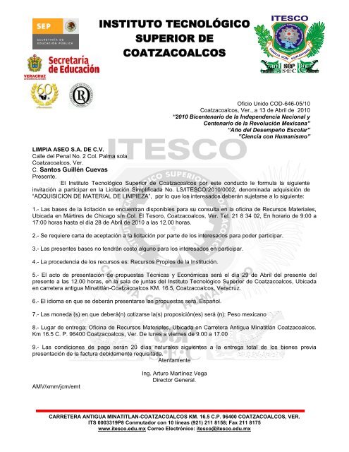 InvitaciÃ³n LS/ITESCO/10/00002 - Instituto TecnolÃ³gico Superior de ...