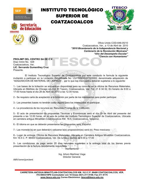 InvitaciÃ³n LS/ITESCO/10/00002 - Instituto TecnolÃ³gico Superior de ...